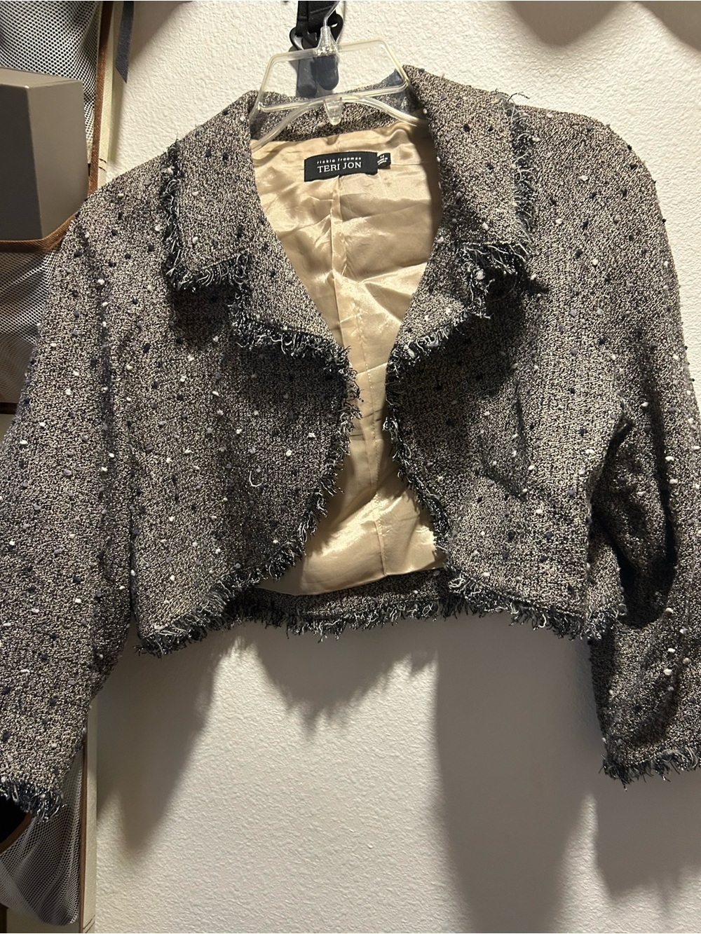 Teri Jon Gray/Black Tweed Cropped Blazer with Frayed Trim
